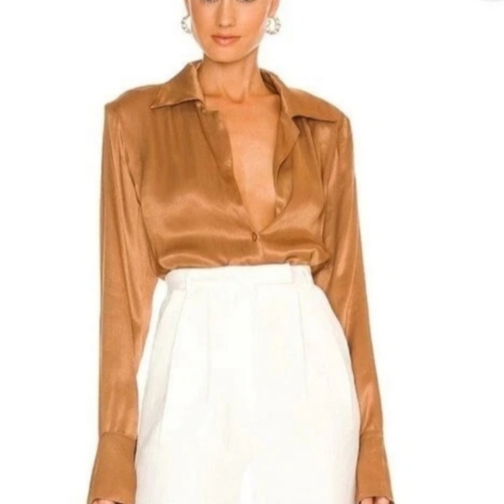 ATOIR Tan THE ZODIAC Shirt Slinky Deep V-Neck Button Down Long Sleeve